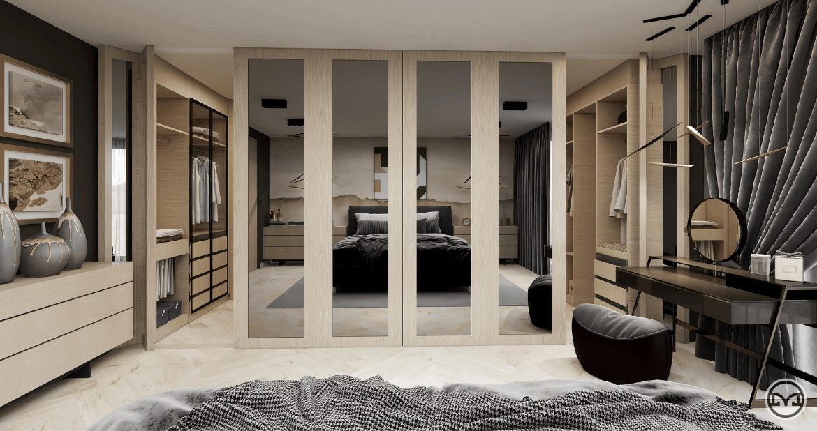 Drzwi garderoby harmonijkowe z lustrem w sypialni