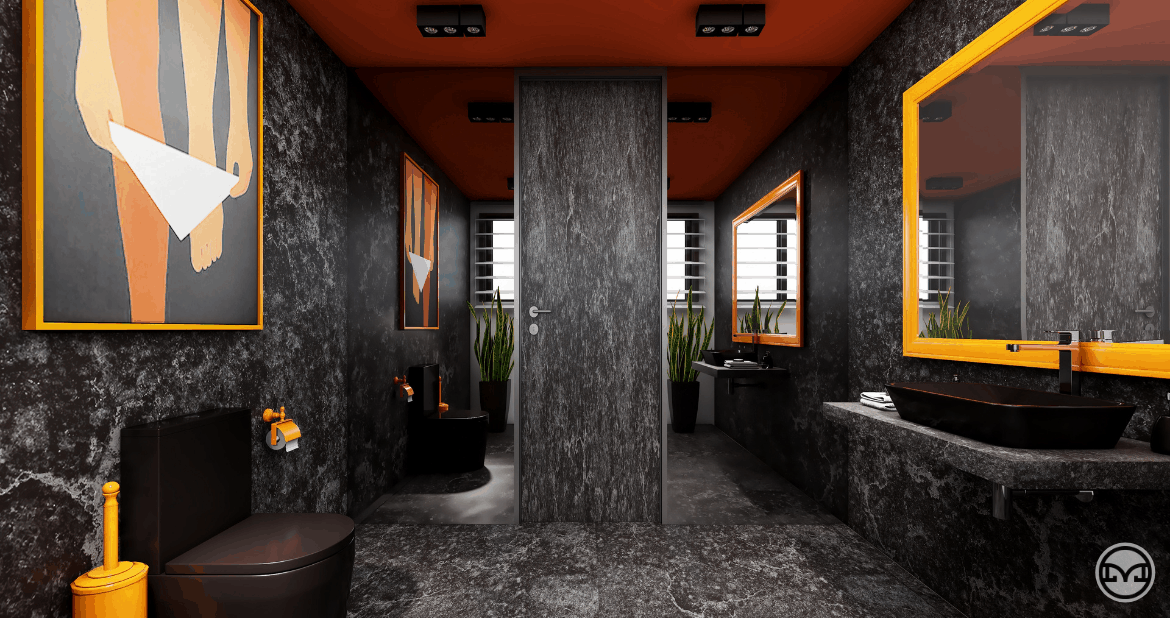 Ciemna łazienka z kontrastującym pomarańczowym sufitem