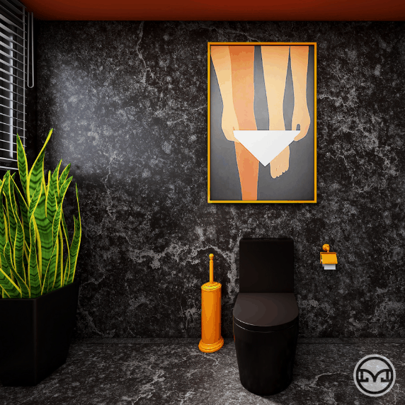 Ciemna łazienka z kontrastującym pomarańczowym sufitem i sztuką na ścianie