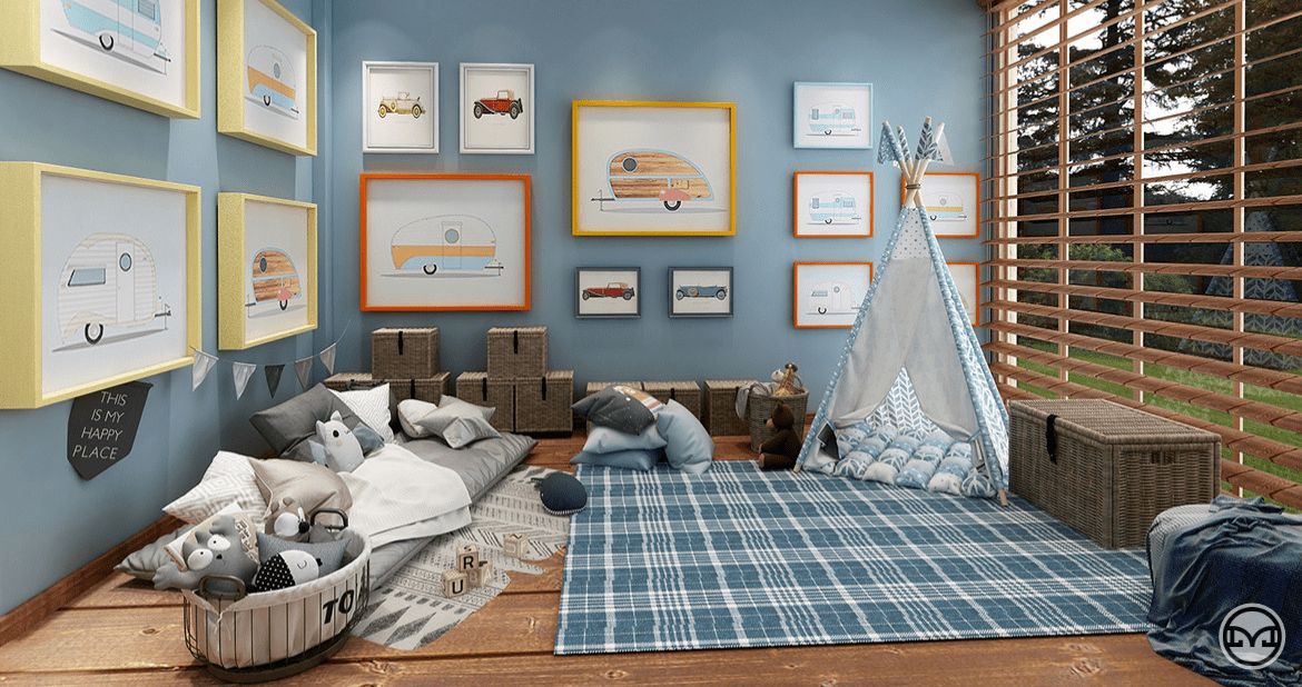 Sypialnia dla małych dzieci z odcieniami niebieskiego
